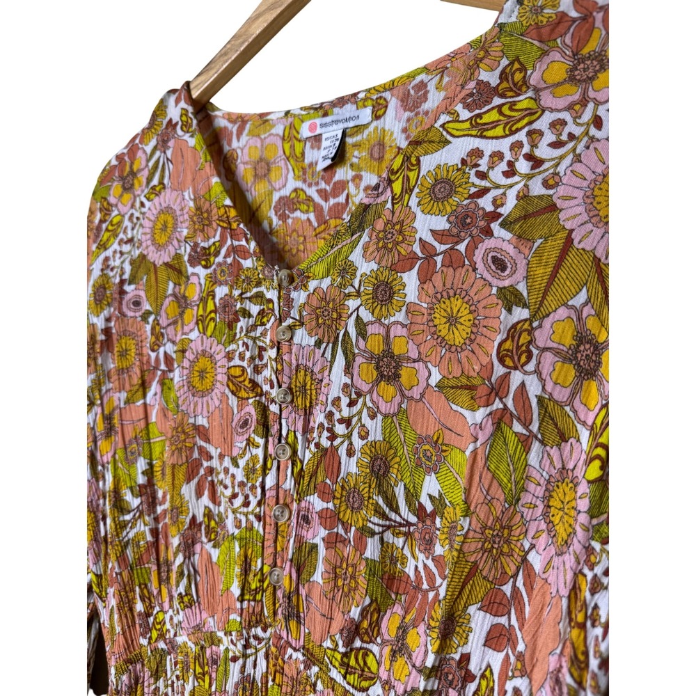 Retro 70s Boho Floral Mini Dress Smocked Waist Cottagecore Small - Picture 3 of 10